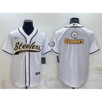 Men's Pittsburgh Steelers White Team Big Logo With Patch Cool Base Stitched Baseball Jersey Men's Pittsburgh Steelers White Team Big Logo With Patch Cool Base Stitched Baseball Jersey