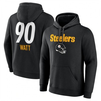Men's Pittsburgh Steelers #90 T.J. Watt Black Team Wordmark Player Name & Number Pullover Hoodie Men's Pittsburgh Steelers #90 T.J. Watt Black Team Wordmark Player Name & Number Pullover Hoodie