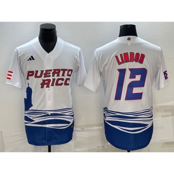 Men's Puerto Rico Baseball #12 Francisco Lindor 2023 White World Baseball Classic Stitched Jersey Men's Puerto Rico Baseball #12 Francisco Lindor 2023 White World Baseball Classic Stitched Jersey