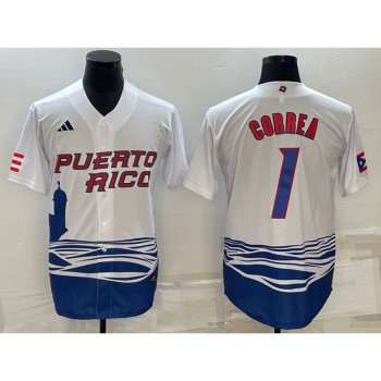 Men's Puerto Rico Baseball #1 Carlos Correa 2023 White World Baseball Classic Stitched Jersey Men's Puerto Rico Baseball #1 Carlos Correa 2023 White World Baseball Classic Stitched Jersey