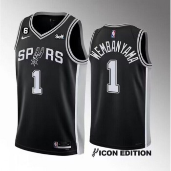 Men's San Antonio Spurs #1 Victor Wembanyama Black 2022/23 Icon Edition With NO.6 Patch Stitched Basketball Jersey