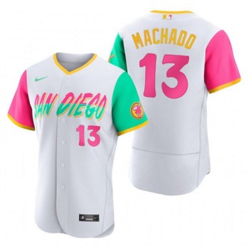 Men's San Diego Padres #13 Manny Machado 2022 White City Connect Flex Base Stitched Baseball Jersey Men's San Diego Padres #13 Manny Machado 2022 White City Connect Flex Base Stitched Baseball Jersey