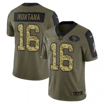 Men's San Francisco 49ers #16 Joe Montana 2021 Olive Camo Salute To Service Limited Stitched Jersey