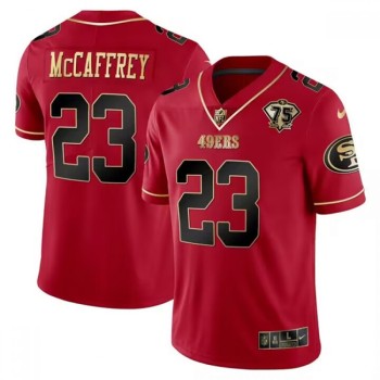 Men's San Francisco 49ers #23 Christian McCaffrey Red Gold 75 Anniversary Patch Limited Stitched Football Jersey Men's San Francisco 49ers #23 Christian McCaffrey Red Gold 75 Anniversary Patch Limited Stitched Football Jersey