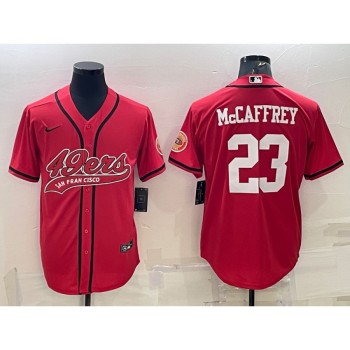 Men's San Francisco 49ers #23 Christian McCaffrey Red With Patch Cool Base Stitched Baseball Jersey Men's San Francisco 49ers #23 Christian McCaffrey Red With Patch Cool Base Stitched Baseball Jersey