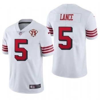 Men's San Francisco 49ers #5 Trey Lance 2021 White 75th Anniversary 2nd Alternate Vapor Untouchable Limited Stitched NFL Jersey Men's San Francisco 49ers #5 Trey Lance 2021 White 75th Anniversary 2nd Alternate Vapor Untouchable Limited Stitched NFL Jersey