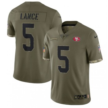 Men's San Francisco 49ers #5 Trey Lance Olive 2022 Salute To Service Limited Stitched Jersey Men's San Francisco 49ers #5 Trey Lance Olive 2022 Salute To Service Limited Stitched Jersey