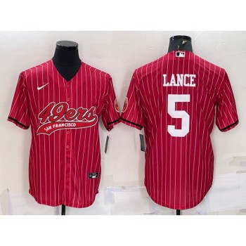 Men's San Francisco 49ers #5 Trey Lance Red With Patch Cool Base Stitched Baseball Jersey Men's San Francisco 49ers #5 Trey Lance Red With Patch Cool Base Stitched Baseball Jersey