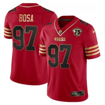 Men's San Francisco 49ers #97 Nick Bosa Red Gold With 75th Anniversary Patch Stitched Jersey Men's San Francisco 49ers #97 Nick Bosa Red Gold With 75th Anniversary Patch Stitched Jersey