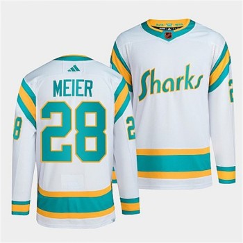 Men's San Jose Sharks #28 Timo Meier White 2022-23 Reverse Retro Stitched Jersey Men's San Jose Sharks #28 Timo Meier White 2022-23 Reverse Retro Stitched Jersey