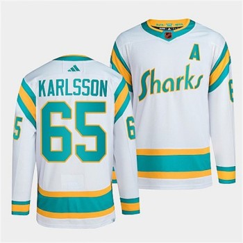 Men's San Jose Sharks #65 Erik Karlsson White 2022-23 Reverse Retro Stitched Jersey Men's San Jose Sharks #65 Erik Karlsson White 2022-23 Reverse Retro Stitched Jersey