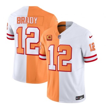 Men's Tampa Bay Buccaneers #12 Tom Brady 2023 F.U.S.E. White/Orange With 4-Star C Patch Split Throwback Limited Stitched Jersey Men's Tampa Bay Buccaneers #12 Tom Brady 2023 F.U.S.E. White/Orange With 4-Star C Patch Split Throwback Limited Stitched Jersey