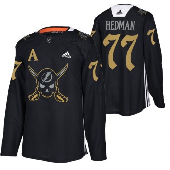 Men's Tampa Bay Lightning #77 Victor Hedman Black Gasparilla inspired Pirate-themed Warmup Stitched Jersey Men's Tampa Bay Lightning #77 Victor Hedman Black Gasparilla inspired Pirate-themed Warmup Stitched Jersey