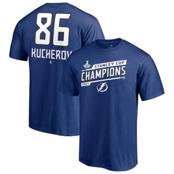 Men's Tampa Bay Lightning #86 Nikita Kucherov 2021 Blue Stanley Cup Champions Name & Number T-Shirt Men's Tampa Bay Lightning #86 Nikita Kucherov 2021 Blue Stanley Cup Champions Name & Number T-Shirt