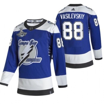 Men's Tampa Bay Lightning #88 Andrei Vasilevskiy 2021 Blue Stanley Cup Champions Reverse Retro Stitched Jersey Men's Tampa Bay Lightning #88 Andrei Vasilevskiy 2021 Blue Stanley Cup Champions Reverse Retro Stitched Jersey