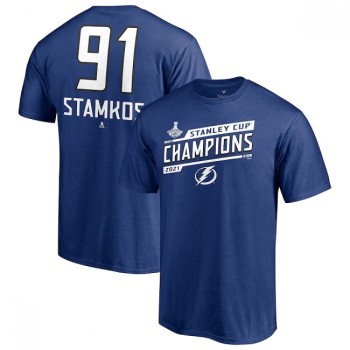 Men's Tampa Bay Lightning #91 Steven Stamkos 2021 Blue Stanley Cup Champions Name & Number T-Shirt Men's Tampa Bay Lightning #91 Steven Stamkos 2021 Blue Stanley Cup Champions Name & Number T-Shirt