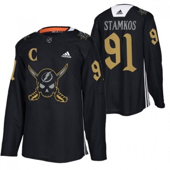 Men's Tampa Bay Lightning #91 Steven Stamkos Black Gasparilla inspired Pirate-themed Warmup Stitched Jersey Men's Tampa Bay Lightning #91 Steven Stamkos Black Gasparilla inspired Pirate-themed Warmup Stitched Jersey