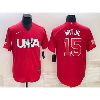 Men's USA Baseball #15 Bobby Witt Jr. 2023 Red World Baseball Classic Stitched Jersey Men's USA Baseball #15 Bobby Witt Jr. 2023 Red World Baseball Classic Stitched Jersey