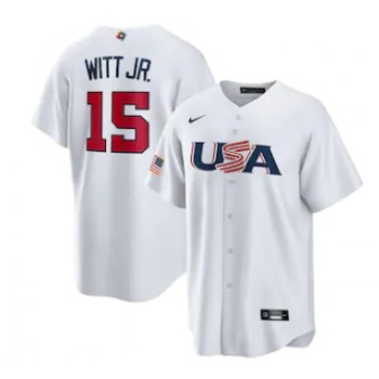 Men's USA Baseball #15 Bobby Witt Jr. 2023 White World Baseball Classic Stitched Jersey Men's USA Baseball #15 Bobby Witt Jr. 2023 White World Baseball Classic Stitched Jersey