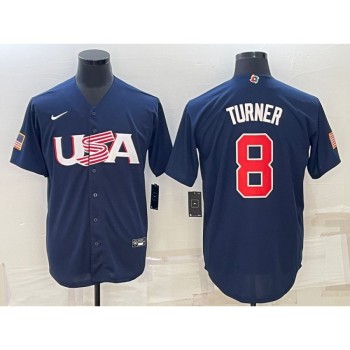 Men's USA Baseball #8 Trea Turner 2023 Navy World Baseball Classic Stitched Jersey Men's USA Baseball #8 Trea Turner 2023 Navy World Baseball Classic Stitched Jersey