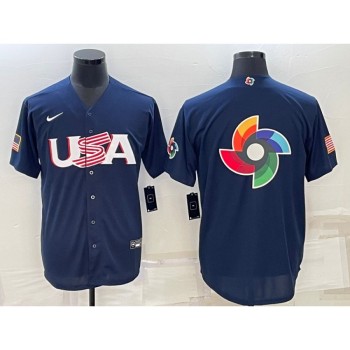 Men's USA Baseball Blank 2023 Navy World Baseball Big Logo With Patch Classic Stitched Jersey Men's USA Baseball Blank 2023 Navy World Baseball Big Logo With Patch Classic Stitched Jersey
