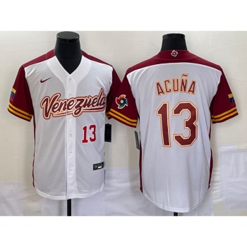 Men's Venezuela Baseball #13 Venezuela Acuna Jr. 2023 White World Baseball Classic With Patch Stitched Jersey Men's Venezuela Baseball #13 Venezuela Acuna Jr. 2023 White World Baseball Classic With Patch Stitched Jersey