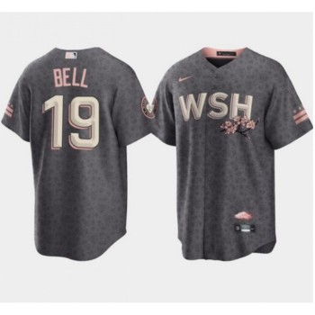 Men's Washington Nationals #19 Josh Bell 2022 Grey City Connect Cherry Blossom Cool Base Stitched Jersey Men's Washington Nationals #19 Josh Bell 2022 Grey City Connect Cherry Blossom Cool Base Stitched Jersey