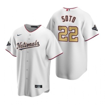 Men's Washington Nationals #22 Juan Soto White 2020 Gold Program Stitched Championship Jersey Men's Washington Nationals #22 Juan Soto White 2020 Gold Program Stitched Championship Jersey