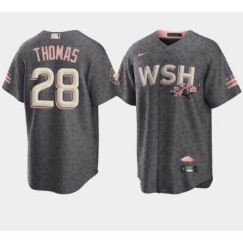 Men's Washington Nationals #28 Lane Thomas 2022 Grey City Connect Cherry Blossom Cool Base Stitched Jersey Men's Washington Nationals #28 Lane Thomas 2022 Grey City Connect Cherry Blossom Cool Base Stitched Jersey