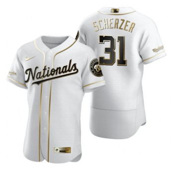Men's Washington Nationals #31 Max Scherzer 2020 White Golden Stitched Flex Base MLB Jersey Men's Washington Nationals #31 Max Scherzer 2020 White Golden Stitched Flex Base MLB Jersey