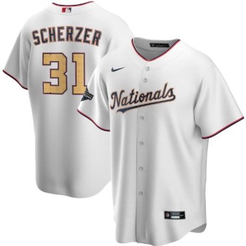 Men's Washington Nationals #31 Max Scherzer White 2020 Gold Program Stitched Championship Jersey Men's Washington Nationals #31 Max Scherzer White 2020 Gold Program Stitched Championship Jersey