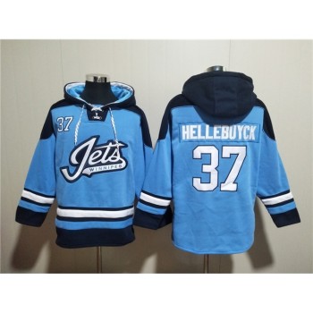Men's Winnipeg Jets #37 Connor Hellebuyck Blue Lace-Up Pullover Hoodie Men's Winnipeg Jets #37 Connor Hellebuyck Blue Lace-Up Pullover Hoodie