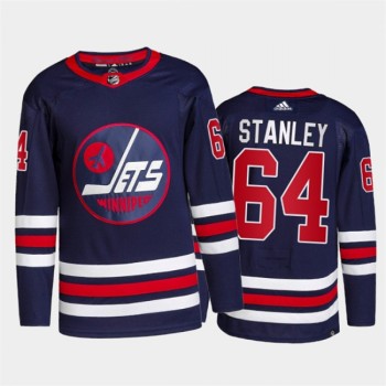 Men's Winnipeg Jets #64 Logan Stanley 2021/22 Navy Stitched Jersey Men's Winnipeg Jets #64 Logan Stanley 2021/22 Navy Stitched Jersey
