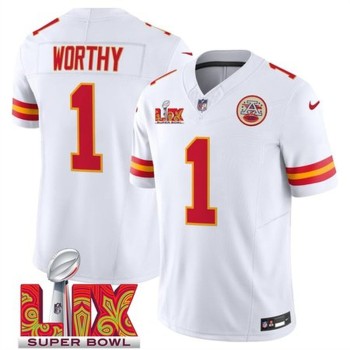 Men's Kansas City Chiefs #1 Xavier Worthy White 2025 Super Bowl LIX Patch F.U.S.E. Vapor Limited Stitched Football Jersey Men's Kansas City Chiefs #1 Xavier Worthy White 2025 Super Bowl LIX Patch F.U.S.E. Vapor Limited Stitched Football Jersey