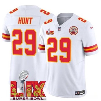 Men's Kansas City Chiefs #29 Kareem Hunt White 2025 Super Bowl LIX Patch F.U.S.E. Vapor Limited Stitched Football Jersey Men's Kansas City Chiefs #29 Kareem Hunt White 2025 Super Bowl LIX Patch F.U.S.E. Vapor Limited Stitched Football Jersey
