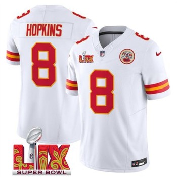 Men's Kansas City Chiefs #8 DeAndre Hopkins White 2025 Super Bowl LIX Patch F.U.S.E. Vapor Limited Stitched Football Jersey Men's Kansas City Chiefs #8 DeAndre Hopkins White 2025 Super Bowl LIX Patch F.U.S.E. Vapor Limited Stitched Football Jersey