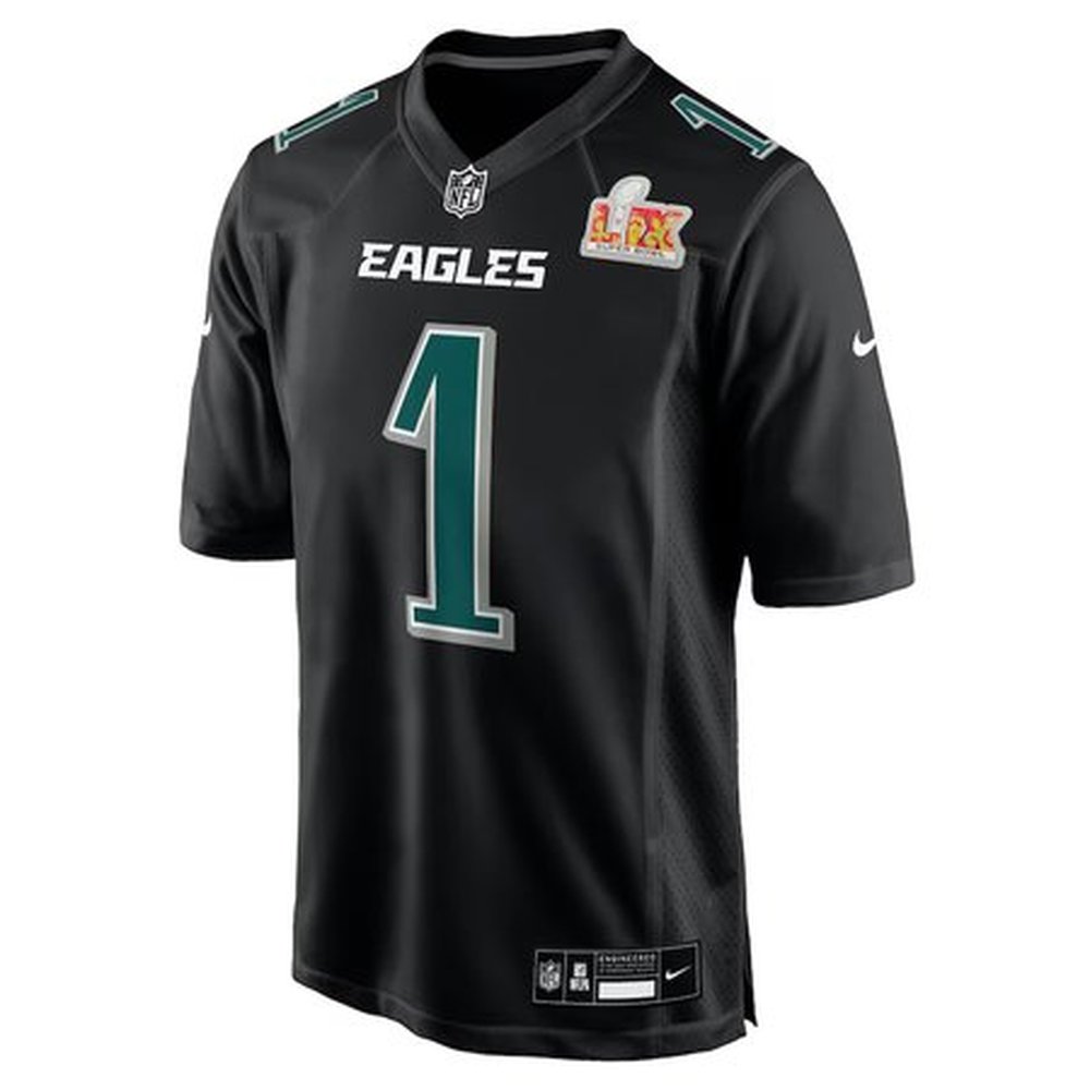 Men's Philadelphia Eagles #1 Jalen Hurts Carbon Black Super Bowl LIX Fashion Game Player Jersey Men's Philadelphia Eagles #1 Jalen Hurts Carbon Black Super Bowl LIX Fashion Game Player Jersey