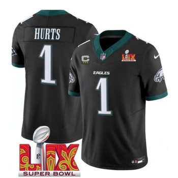 Men's Philadelphia Eagles #1 Jalen Hurts Black 2025 Super Bowl LIX Patch And 3-Star C Patch New F.U.S.E. Vapor Untouchable Limited Stitched Football Jersey Men's Philadelphia Eagles #1 Jalen Hurts Black 2025 Super Bowl LIX Patch And 3-Star C Patch New F.U.S.E. Vapor Untouchable Limited Stitched Football Jersey