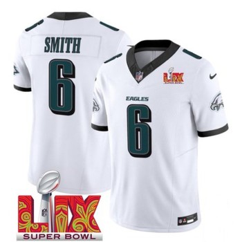 Men's Philadelphia Eagles #6 DeVonta Smith White 2025 Super Bowl LIX Patch New F.U.S.E. Vapor Untouchable Limited Stitched Football Jersey Men's Philadelphia Eagles #6 DeVonta Smith White 2025 Super Bowl LIX Patch New F.U.S.E. Vapor Untouchable Limited Stitched Football Jersey