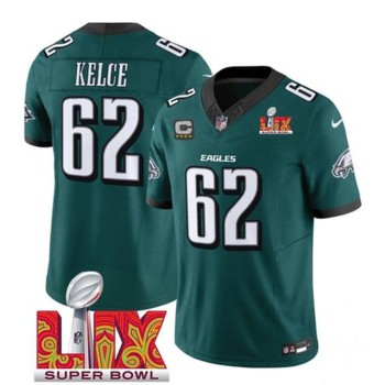 Men's Philadelphia Eagles #62 Jason Kelce Green 2025 Super Bowl LIX Patch And 4-Star C Patch New F.U.S.E. Vapor Limited Stitched Football Jersey Men's Philadelphia Eagles #62 Jason Kelce Green 2025 Super Bowl LIX Patch And 4-Star C Patch New F.U.S.E. Vapor Limited Stitched Football Jersey