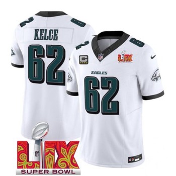 Men's Philadelphia Eagles #62 Jason Kelce White 2025 Super Bowl LIX Patch And 4-Star C Patch New F.U.S.E. Vapor Limited Stitched Football Jersey Men's Philadelphia Eagles #62 Jason Kelce White 2025 Super Bowl LIX Patch And 4-Star C Patch New F.U.S.E. Vapor Limited Stitched Football Jersey