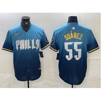 Men's Philadelphia Phillies #55 Ranger Suarez Blue 2024 City Connect Limited Stitched Jersey Men's Philadelphia Phillies #55 Ranger Suarez Blue 2024 City Connect Limited Stitched Jersey