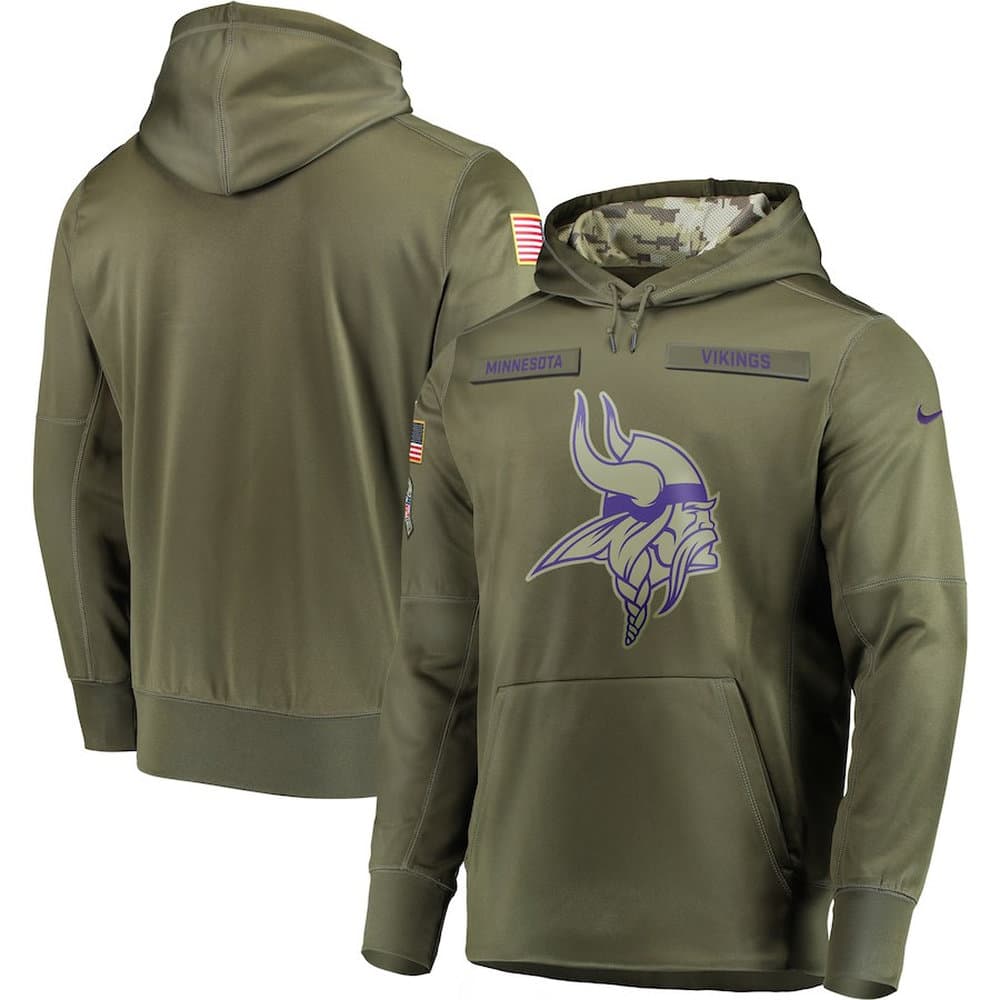Men's Minnesota Vikings Olive Salute to Service Sideline Therma Performance Pullover Stitched NFL Hoodie Men's Minnesota Vikings Olive Salute to Service Sideline Therma Performance Pullover Stitched NFL Hoodie