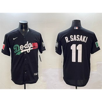 Men's Los Angeles Dodgers #11 Roki Sasaki Black Mexico With World Series Patch Cool Base Stitched Baseball Jersey Men's Los Angeles Dodgers #11 Roki Sasaki Black Mexico With World Series Patch Cool Base Stitched Baseball Jersey
