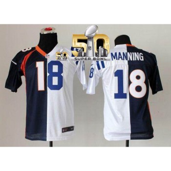 Broncos #18 Peyton Manning Blue/White Super Bowl 50 Youth Stitched NFL Elite Split Colts Jersey Broncos #18 Peyton Manning Blue/White Super Bowl 50 Youth Stitched NFL Elite Split Colts Jersey