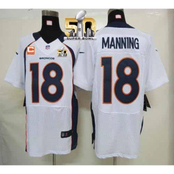 Broncos #18 Peyton Manning White With C Patch Super Bowl 50 Men's Stitched NFL Elite Jersey