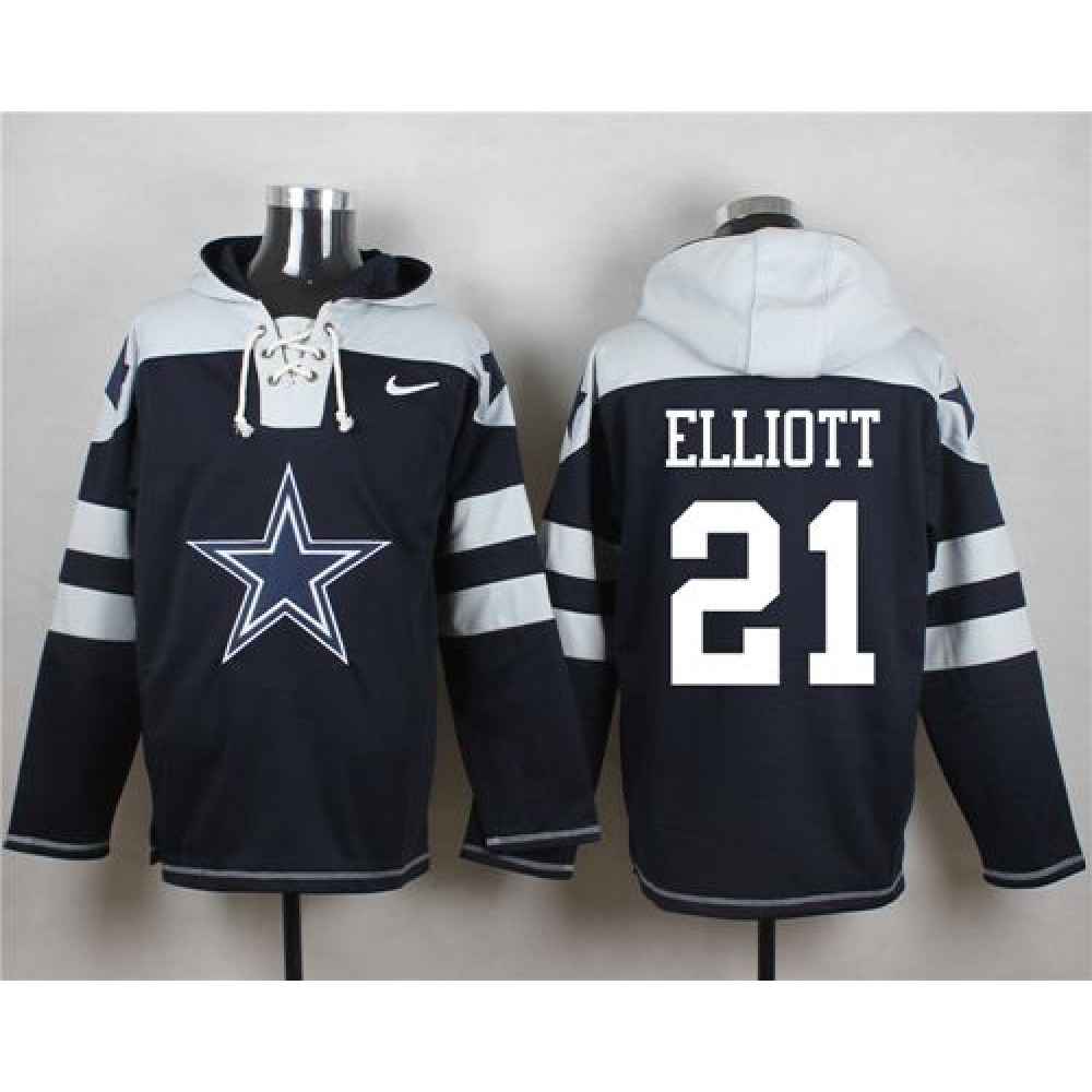 Cowboys #21 Ezekiel Elliott Navy Blue Player Pullover Hoodie
