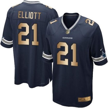 Cowboys #21 Ezekiel Elliott Navy Blue Team Color Youth Stitched NFL Elite Gold Jersey