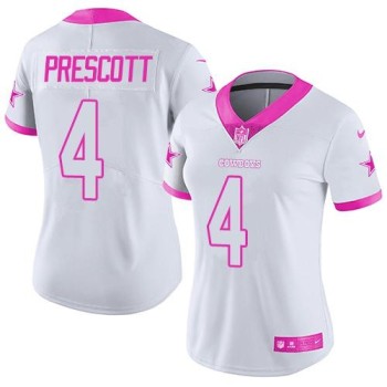 Cowboys #4 Dak Prescott White/Pink Women's Stitched NFL Limited Rush Fashion Jersey Cowboys #4 Dak Prescott White/Pink Women's Stitched NFL Limited Rush Fashion Jersey