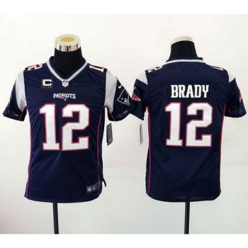 Patriots #12 Tom Brady Navy Blue Team Color With C Patch Youth Stitched NFL New Elite Jersey